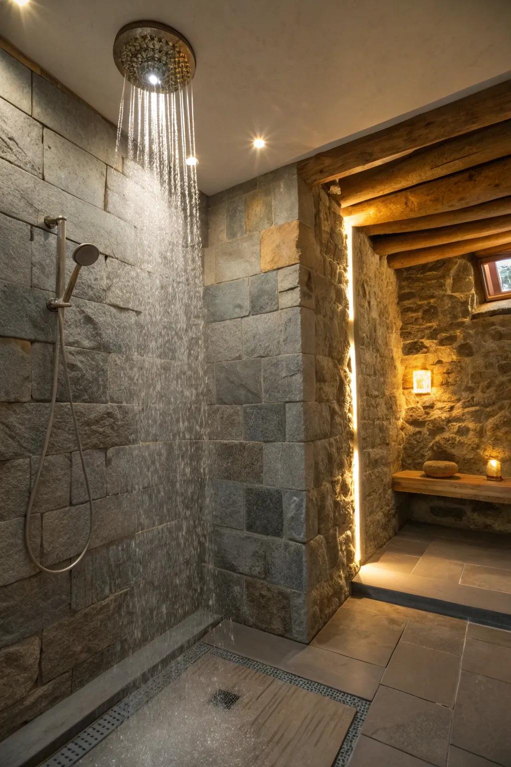 Savor luxury with a sprinkler shower head amidst a stone setting.