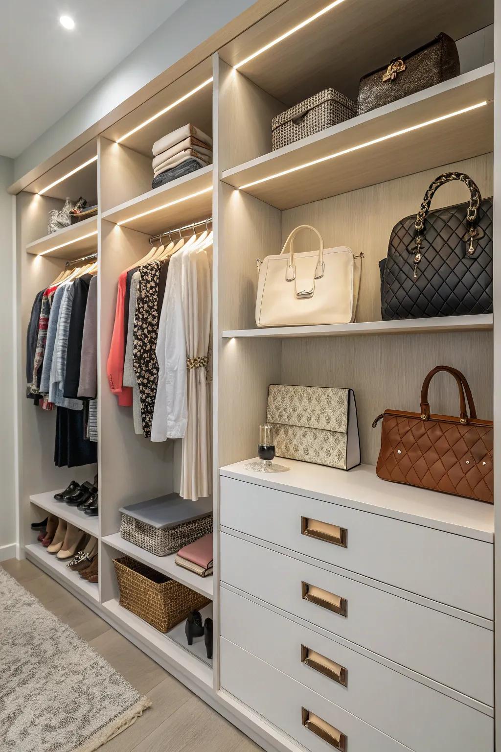 Closet with integrated bag storage.