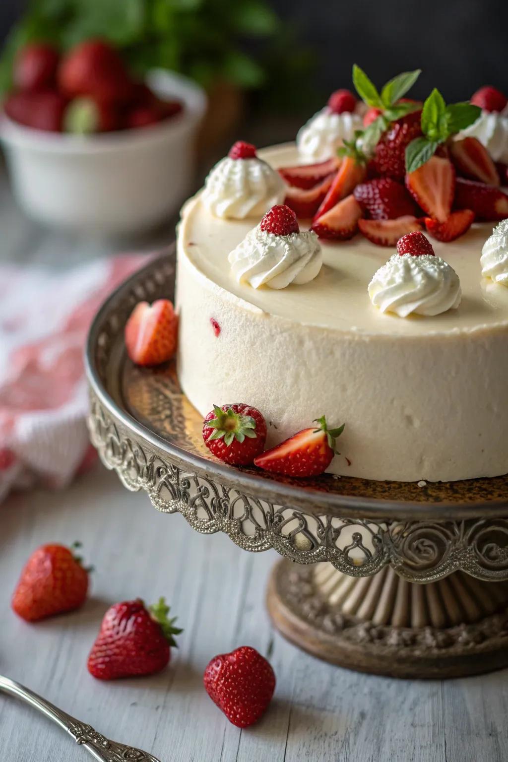 A tempting cake beautifully enhanced with freshly placed strawberries.