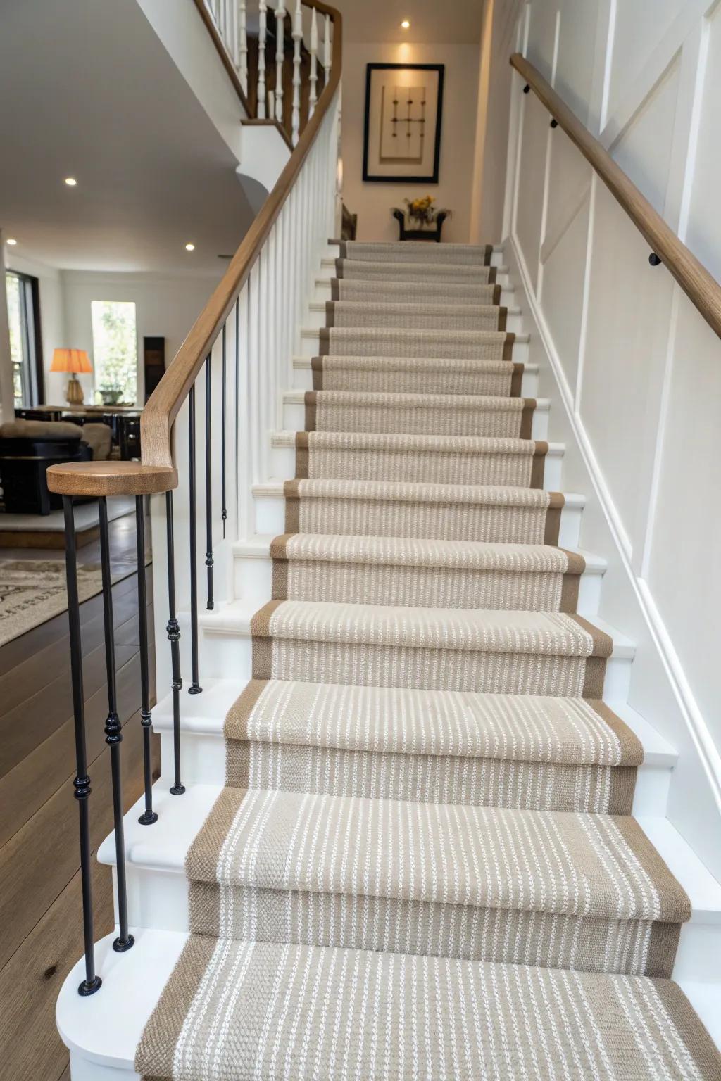 Quiet elegance is achieved with a neutral striped runner in a minimalist home.