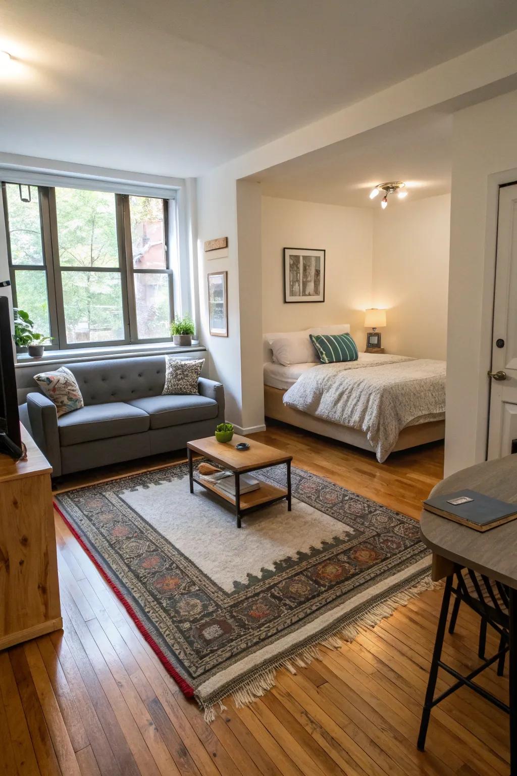 Floor coverings help delineate sections within an open studio configuration.