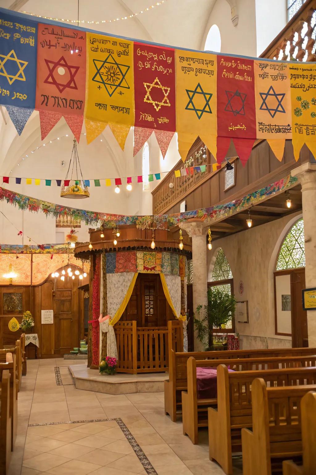 A cheerful sukkah interior showcasing celebratory streamers and markers.