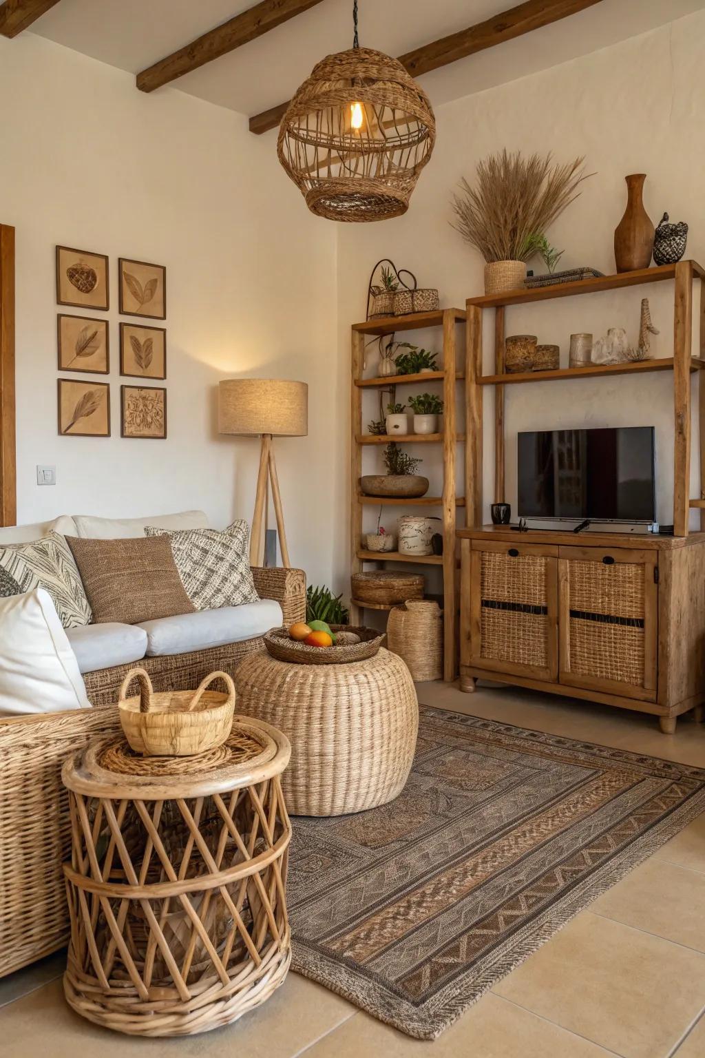 Earth tones such as wicker and wood craft a welcoming, rustic atmosphere.