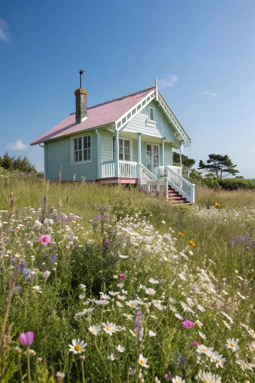 A peaceful summer house in gentle pastels, perfectly situated among wildflowers.