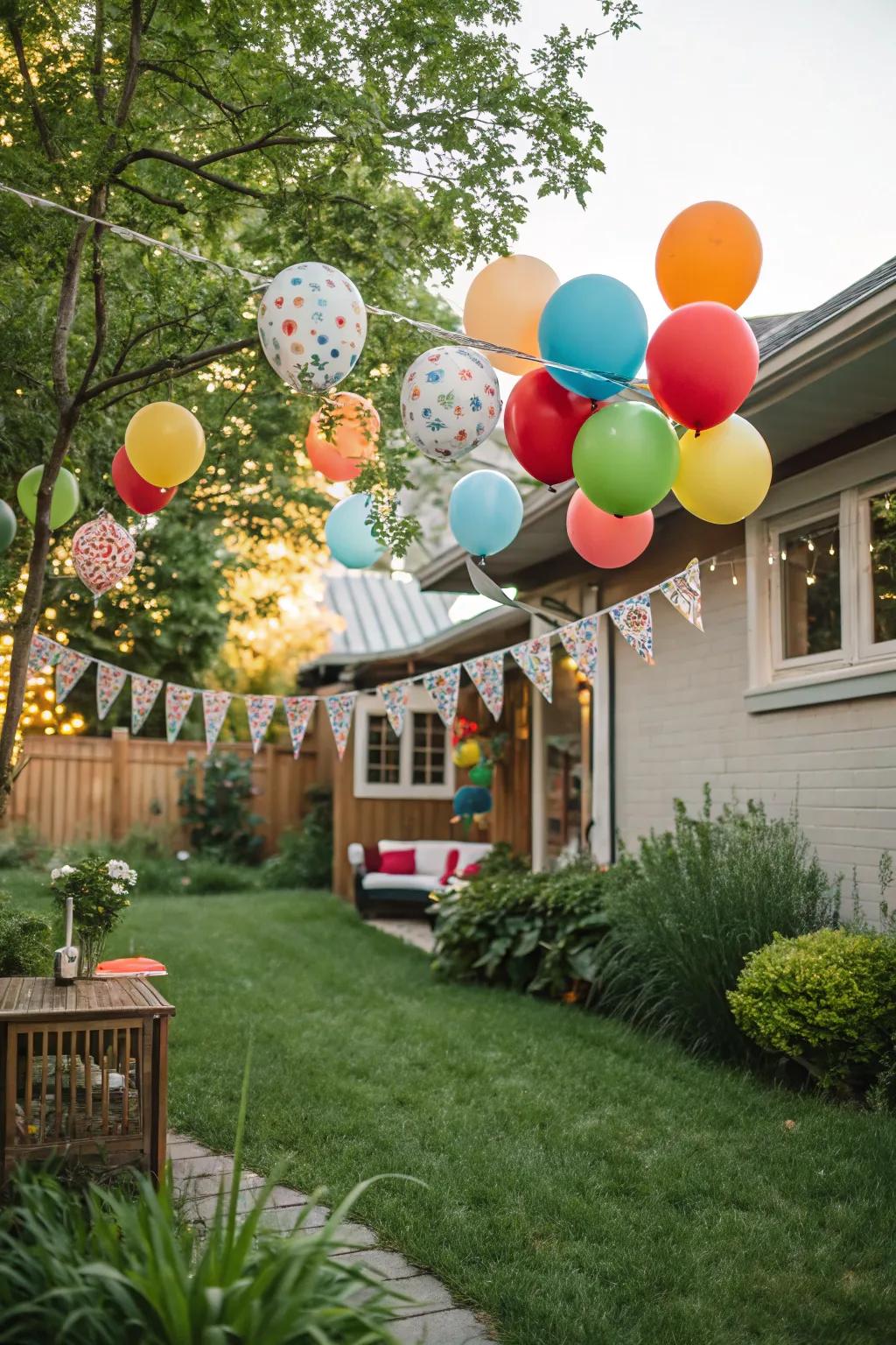 A courtyard decorated with bright balloons and a cheerful streamer.