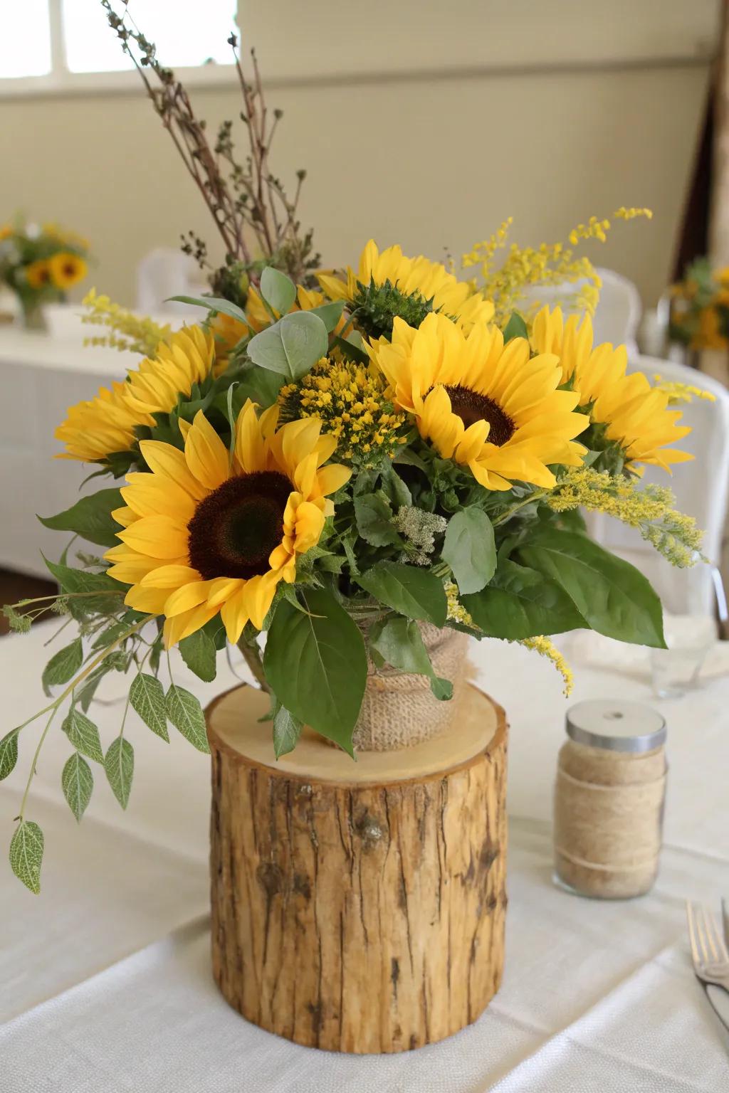 Homespun sunshine bloom centerpiece incorporating timber and rough cloth accents.