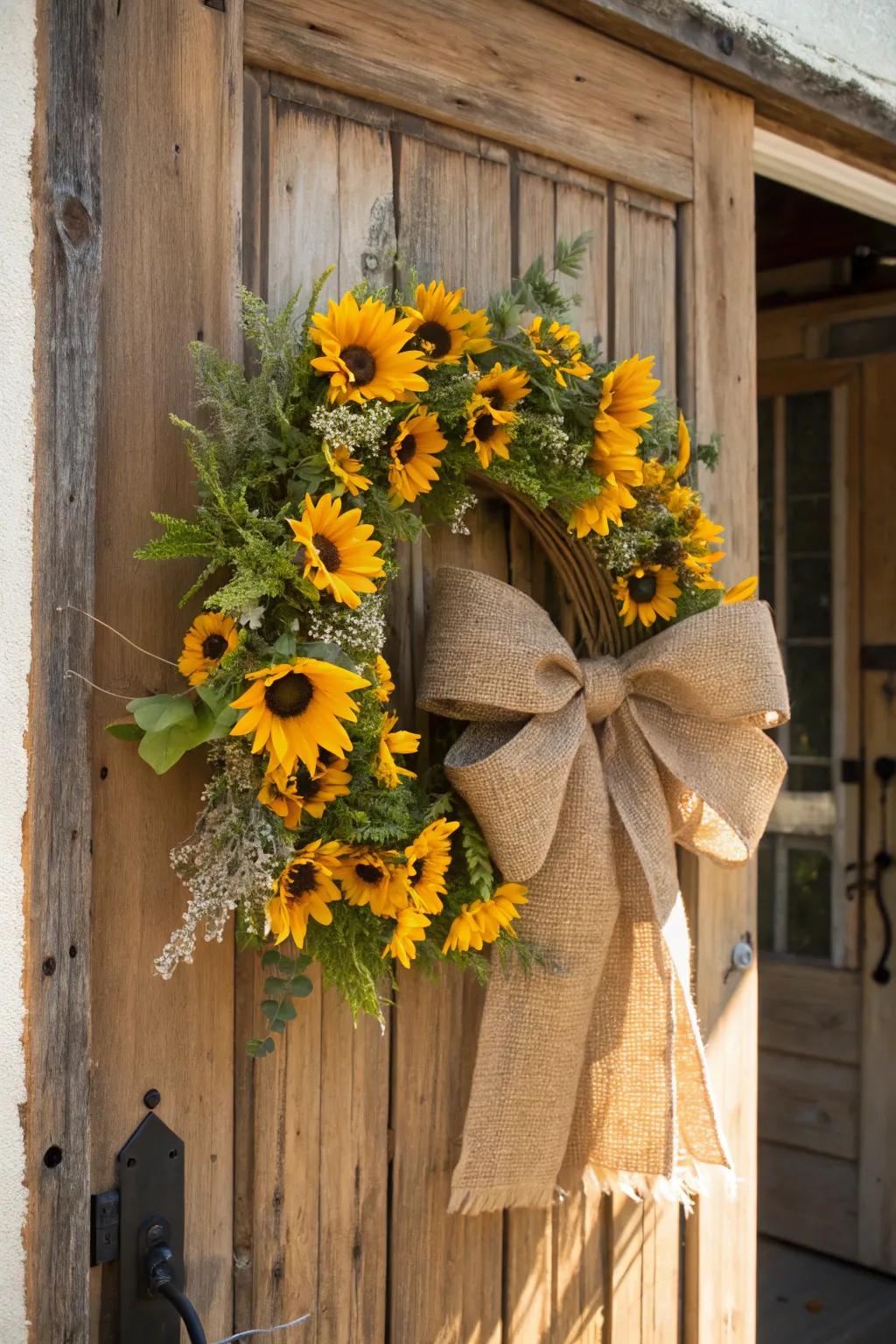 Country aesthetics meld with elegance through sunflowers and hessian.