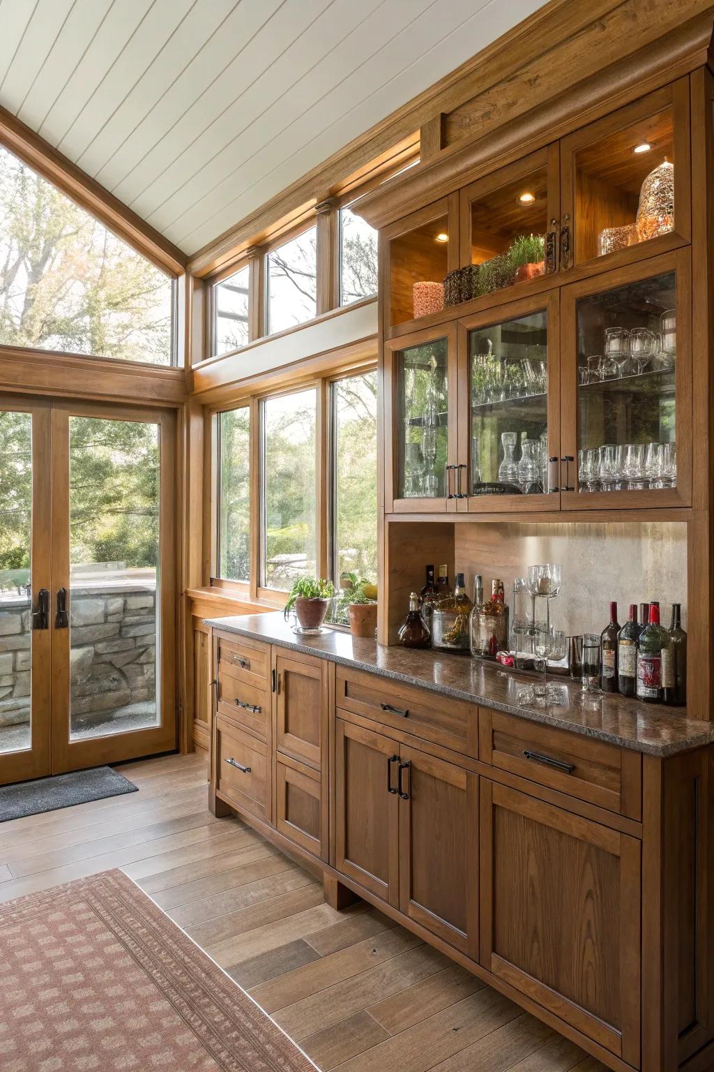 Integrated bar elements provide a smooth and efficient method of utilizing space within your sunroom.