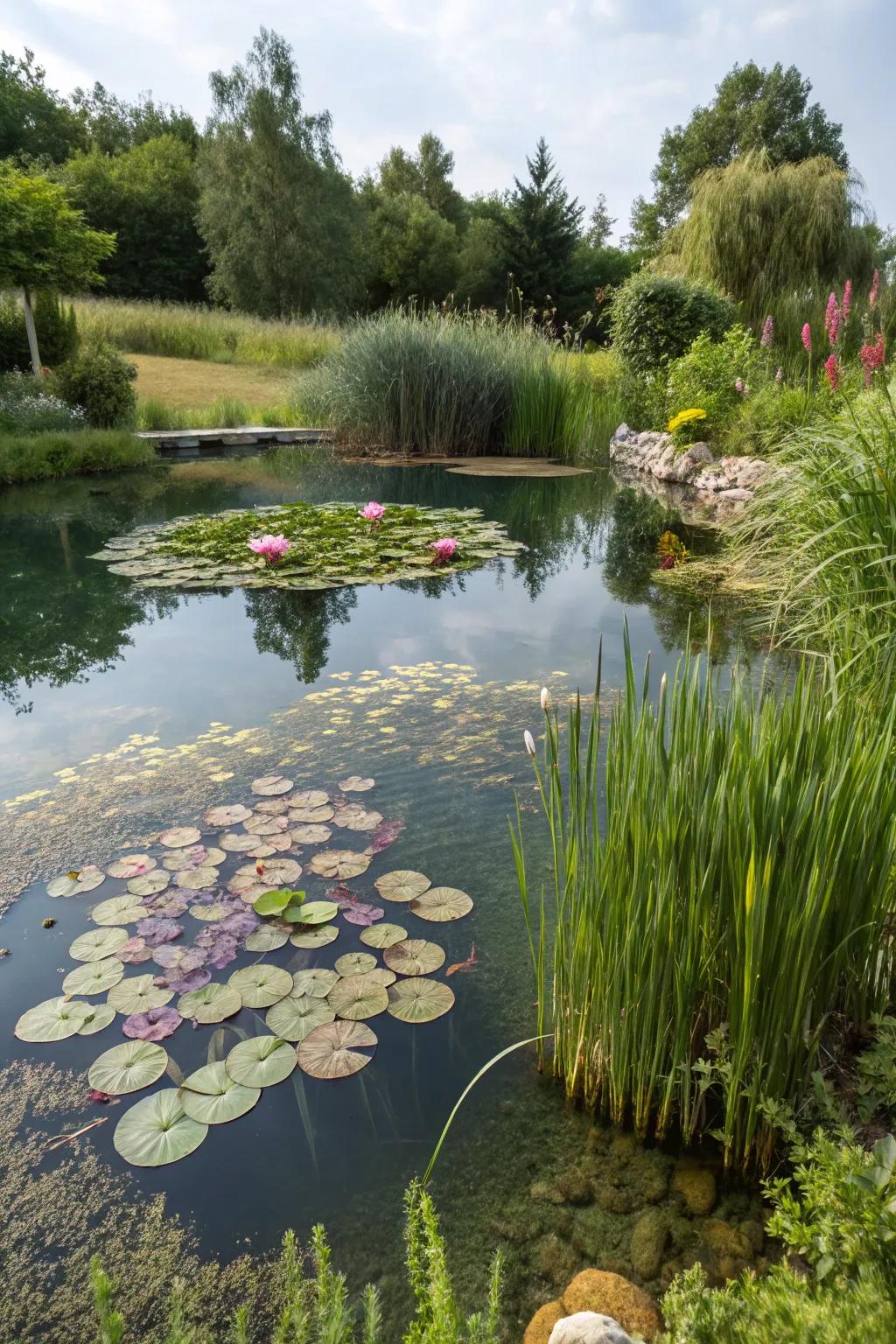 Aquatic plants provide natural filtration and a touch of elegance to the swimming pond.