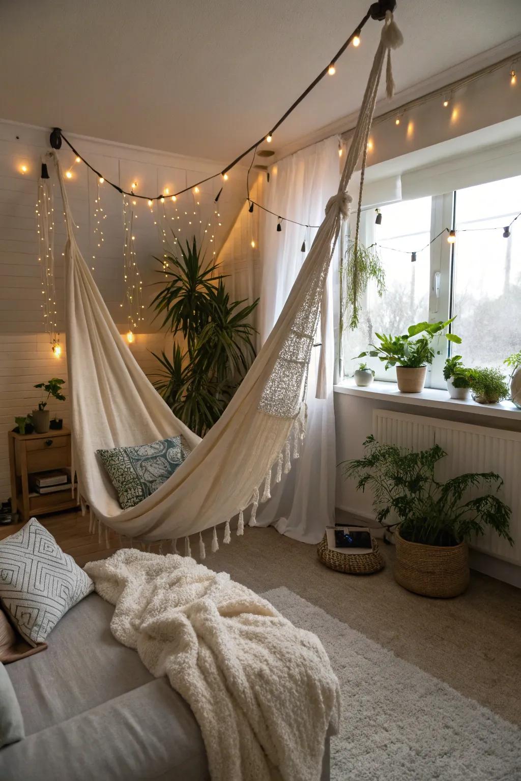 An indoor hammock swing transforms your space into a personal oasis of calm.