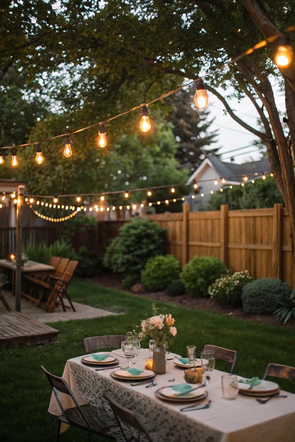 String lights establish a captivating atmosphere for evening barbecues.