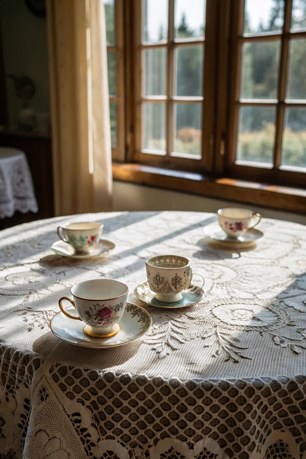 Lace tablecloths create a romantic and graceful mood.