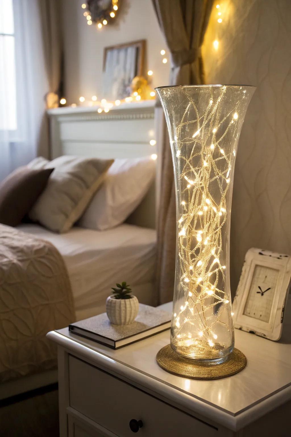 A tall glass vase illuminated by fairy lights, emitting a warm glow in a cozy bedroom environment.