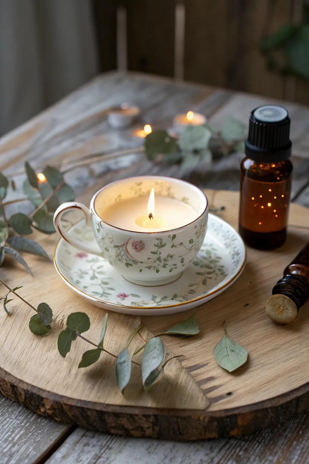 Change your teacups into attractive candle sanctuaries for a tranquil, aromatic setting.