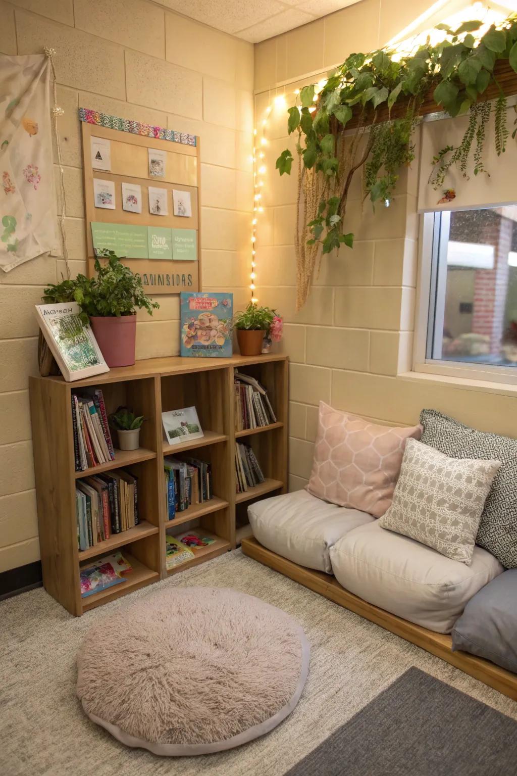 An inviting book corner inspires students to discover new realms.