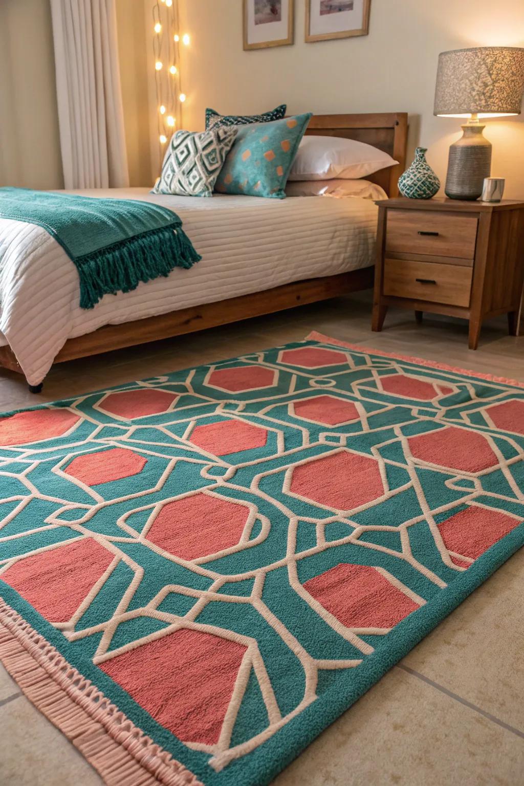 Tessellated patterns in sea-green and sunset-orange bring a modern edge.