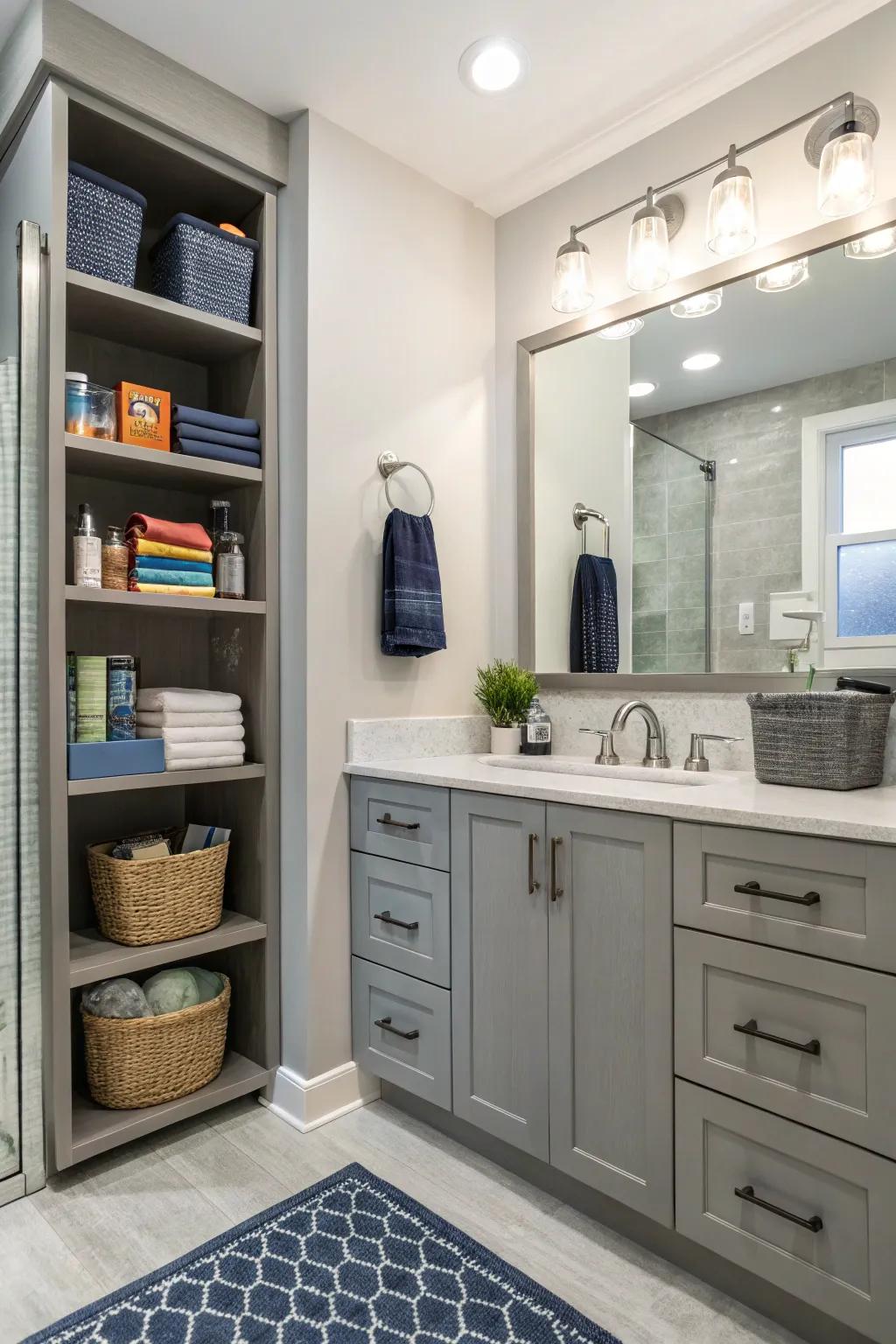 Functional storage keeps a bathroom tidy and organized.