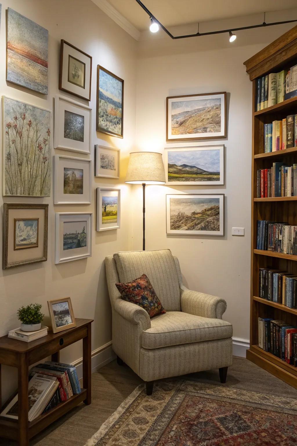 Little textured artworks bring charm and individuality to this cozy reading area.