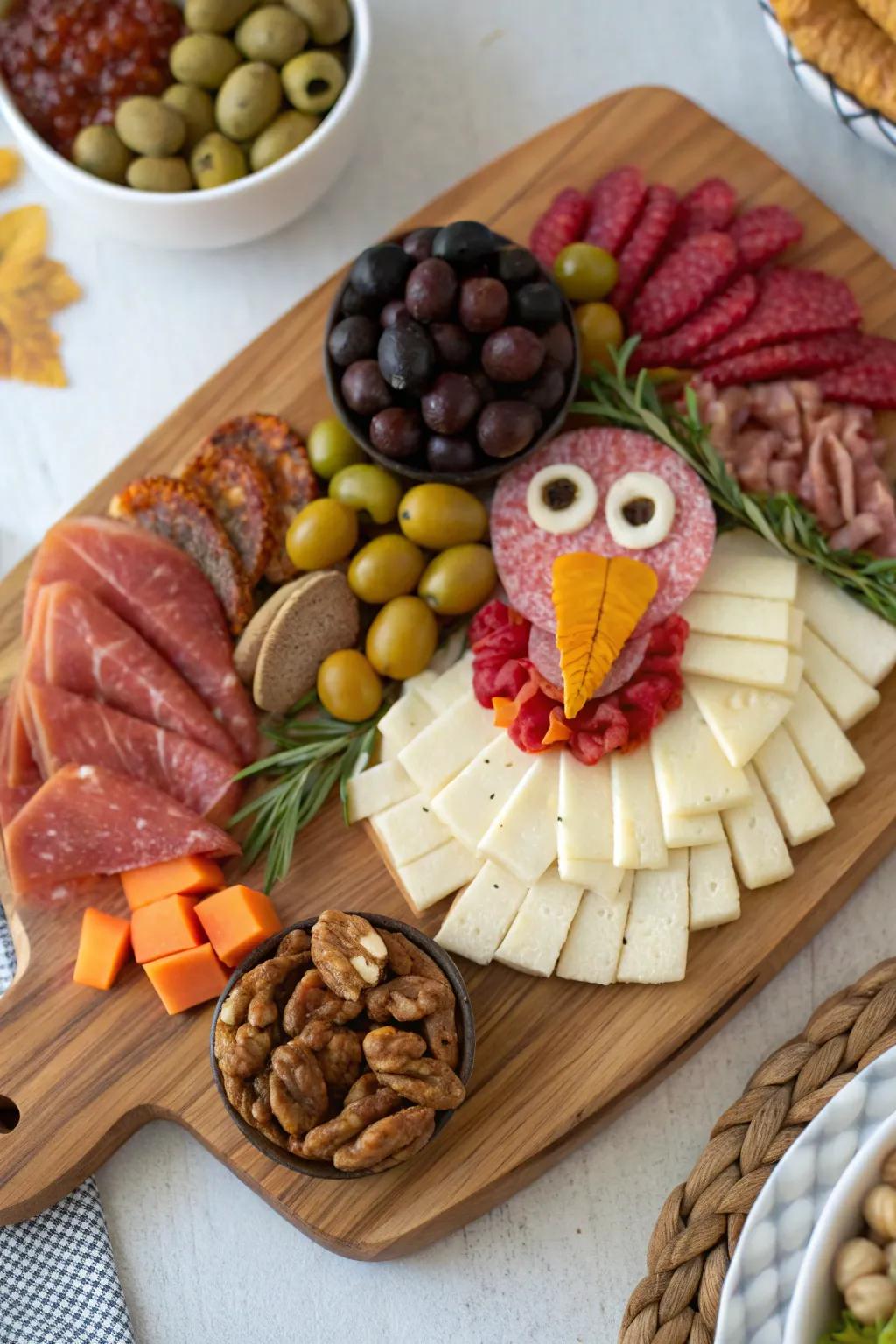 A tastefully rustic turkey-shaped charcuterie array, ideal for meat enthusiasts.