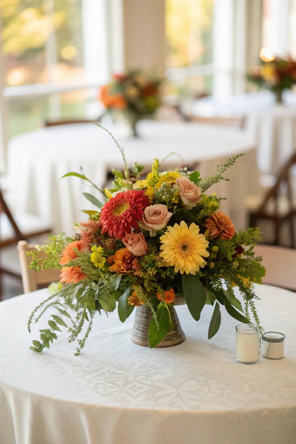 Vibrant season-inspired flowers brighten the Thanksgiving table.
