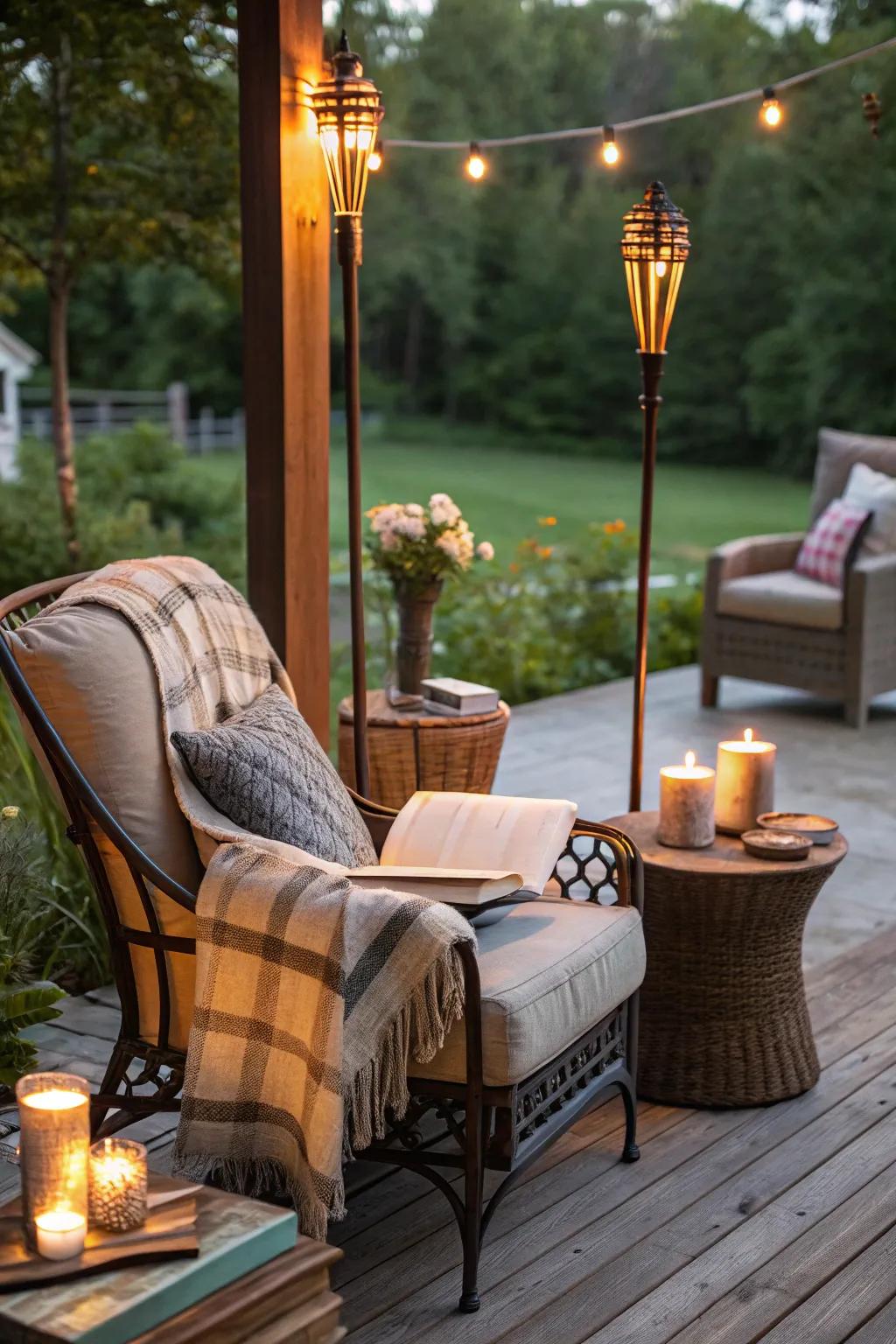 Create a comforting patio nook with the radiant glow of flame posts.