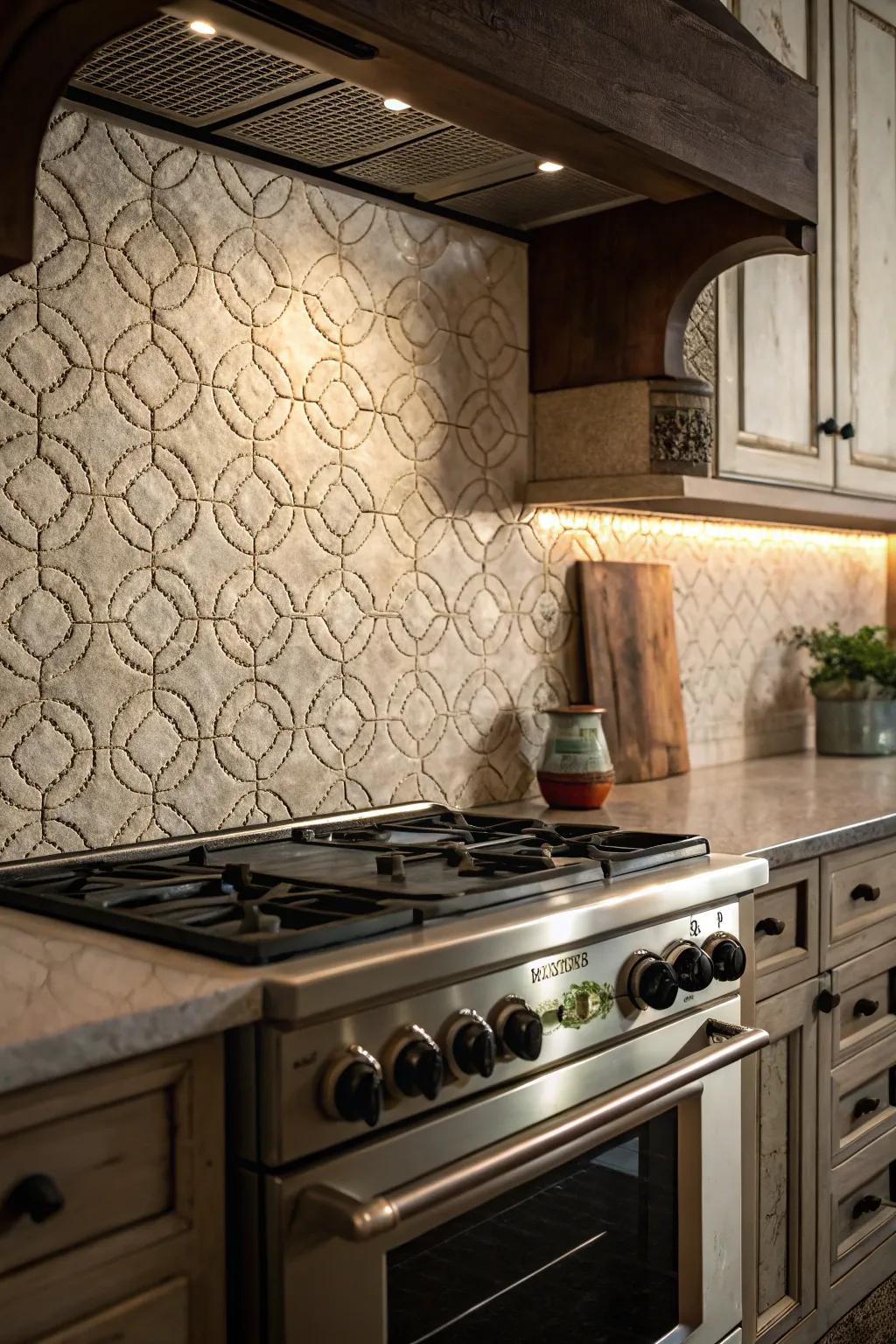 Layered tiles introduce a tangible element to your cooking area design.