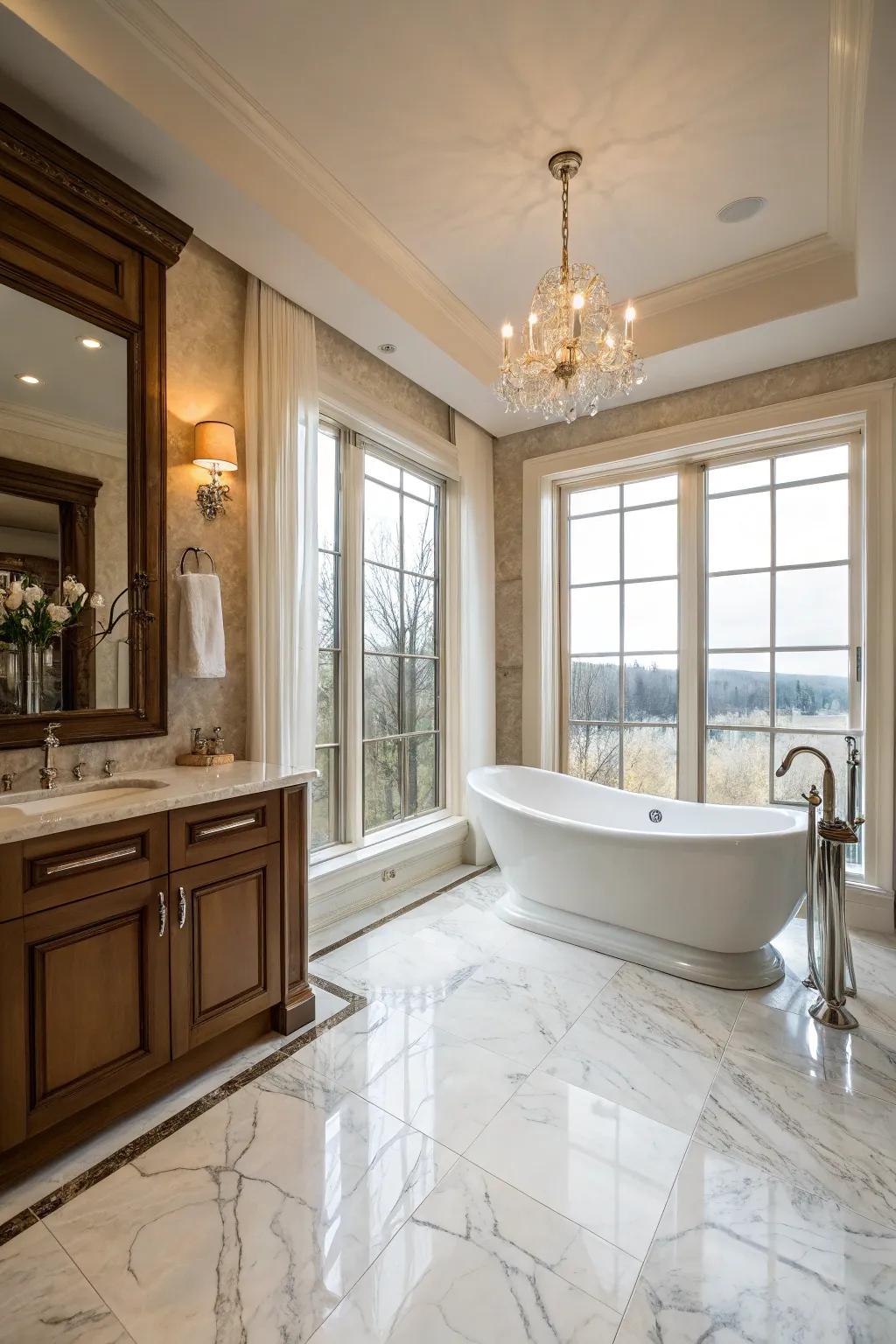 Stone tiles convert a bathroom into a sophisticated, spa-inspired escape.
