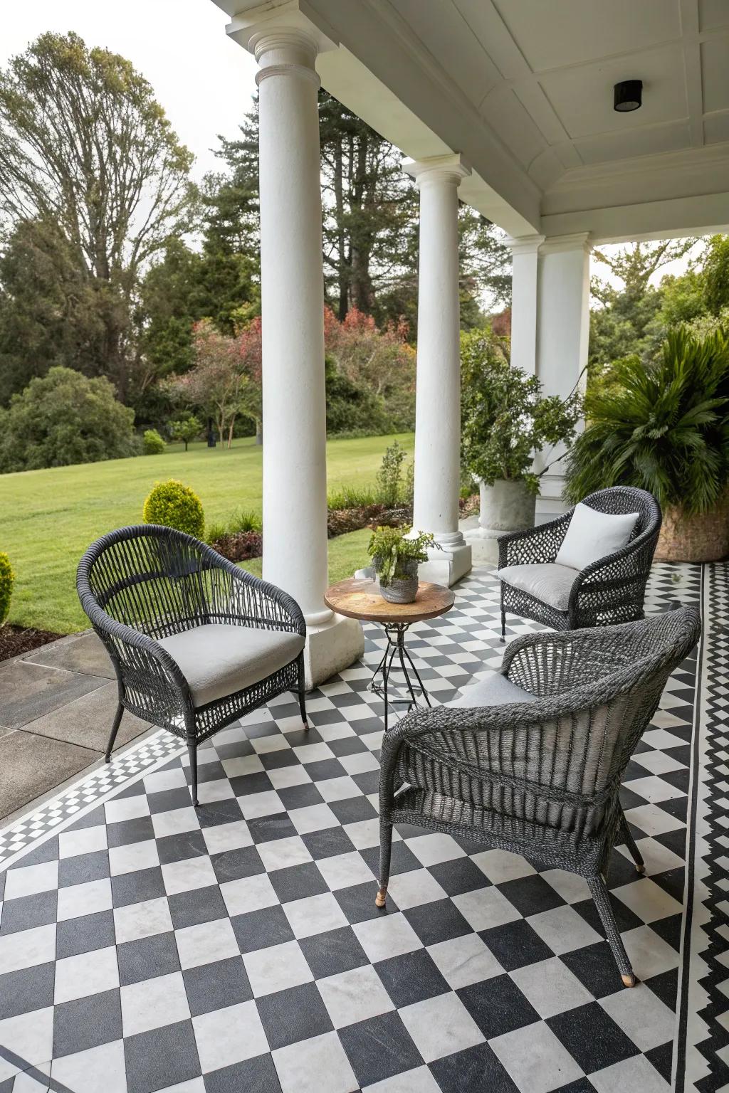 The bold checkerboard pattern introduces a striking contrast to this porch.