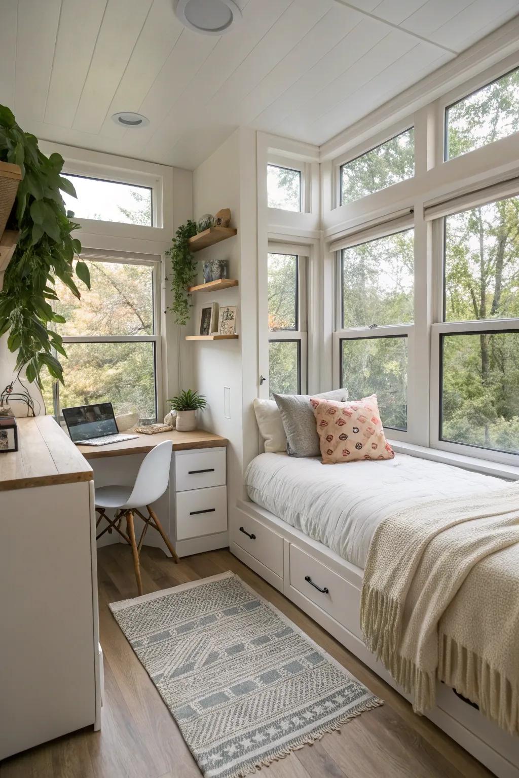Big windows lighting up the small bedroom with natural light.