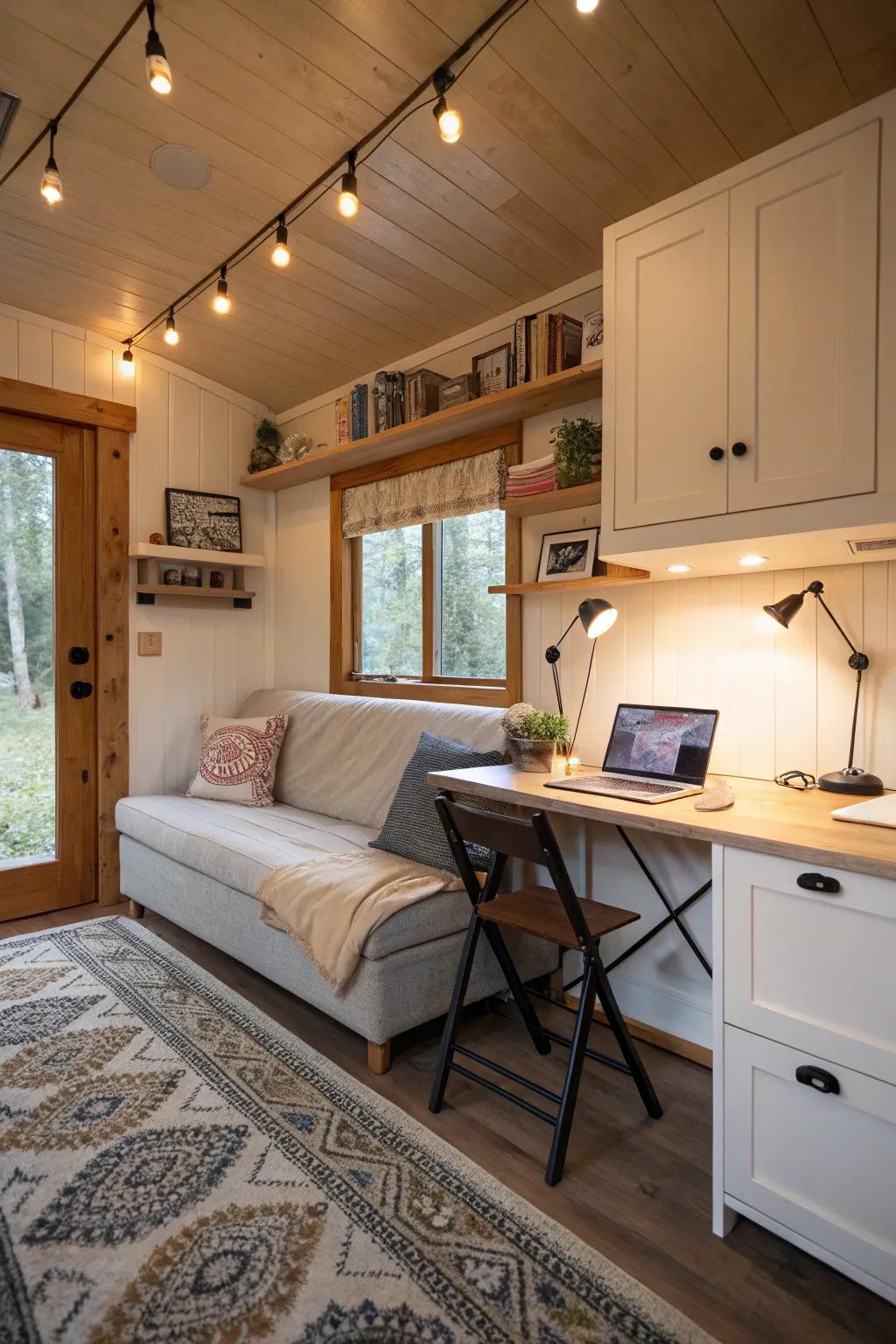 Astute furniture selections optimize functionality in modest areas.