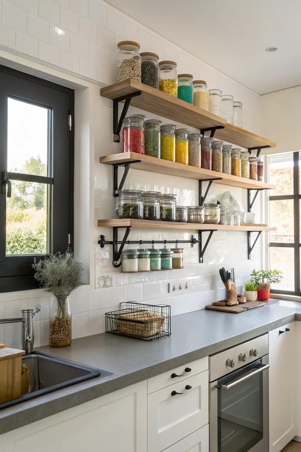 Efficient use of vertical space with wall-mounted shelves in a tiny kitchen