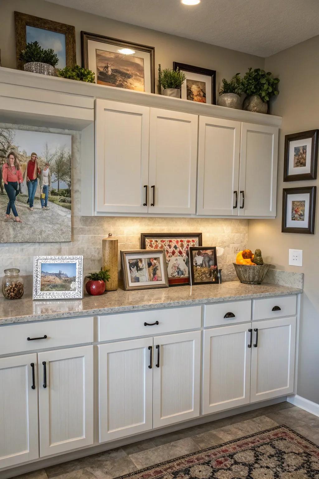 Bring a personal touch with artwork and photos above your cabinets.