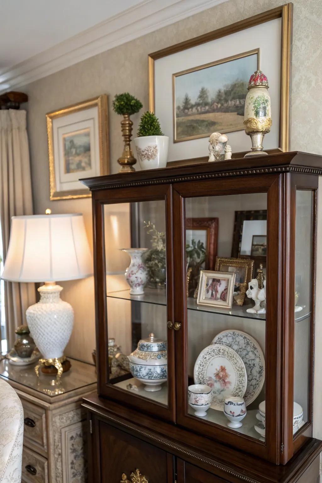 Artistic pieces inject personality and character into the cabinet top.