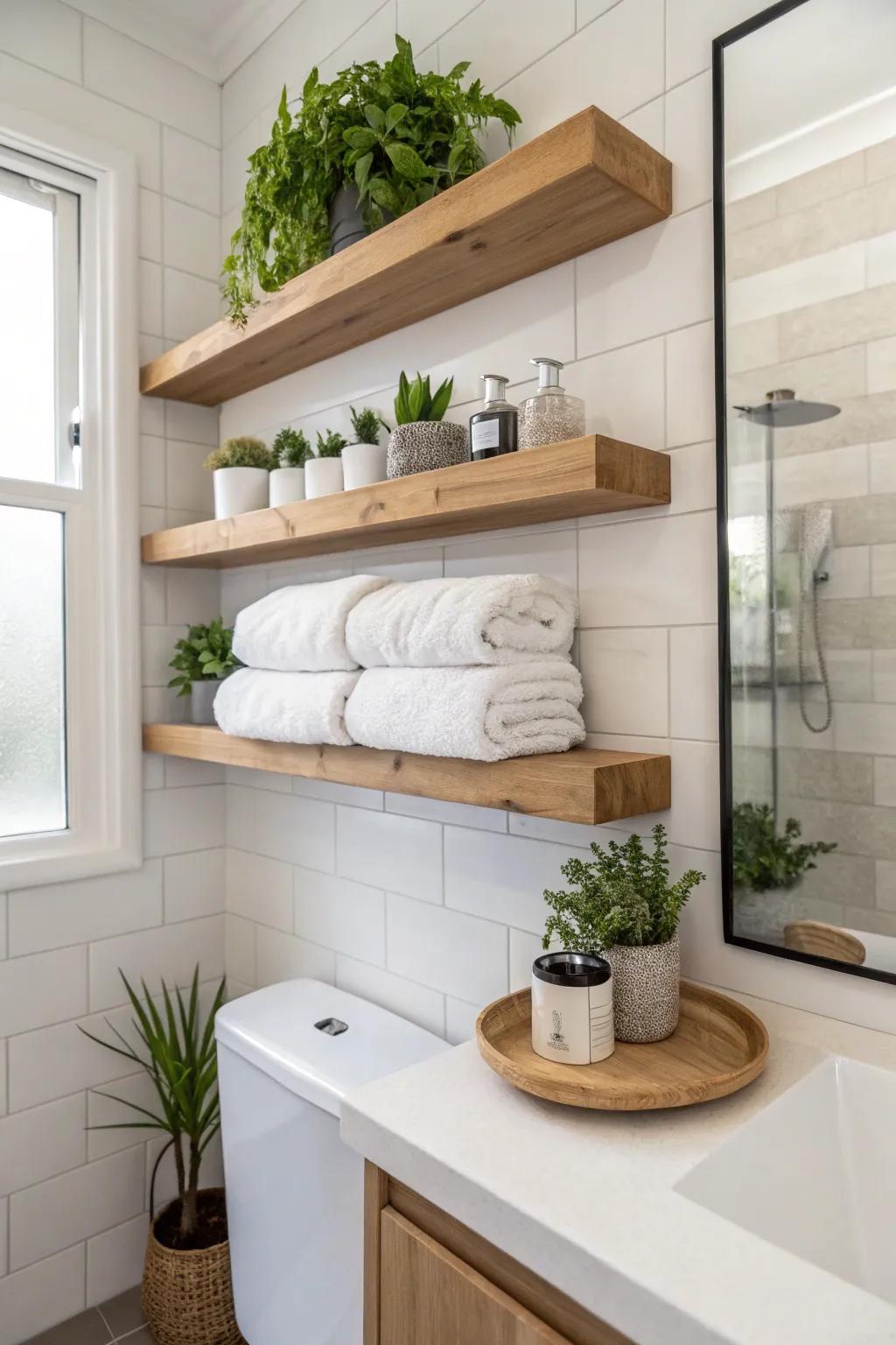 Floating shelves provide a minimalist and elegant towel storage solution.