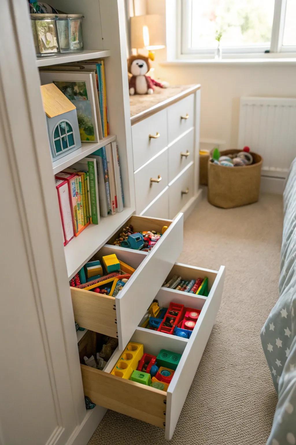 Small drawer systems ensure toys remain structured and approachable.