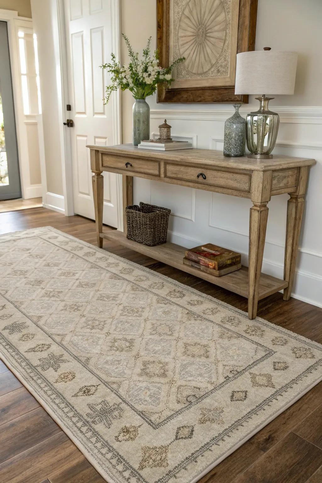 A well-selected floor covering can anchor your entrance and include a welcoming feature.