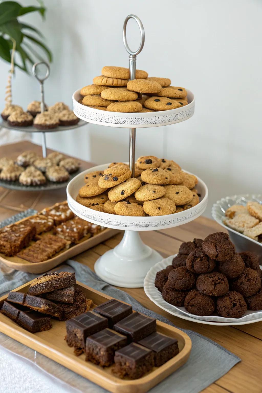 Tiered treat arrangement with biscuits and rich cakes.