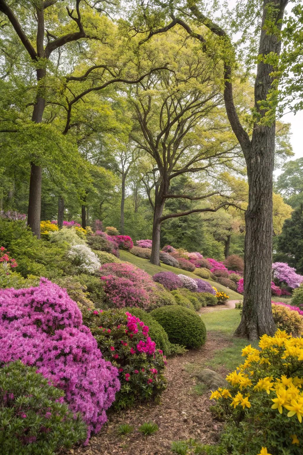 Incorporate color and texture by matching trees using flowering plants.