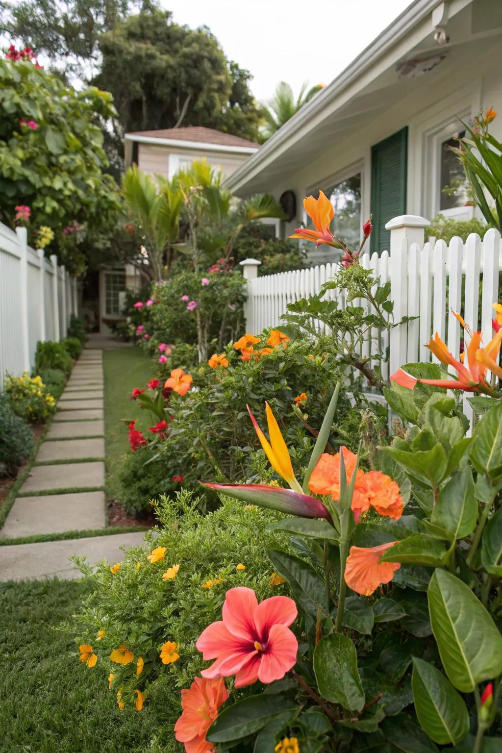 Radiant hibiscus and bird of paradise append stunning hues to the garden.