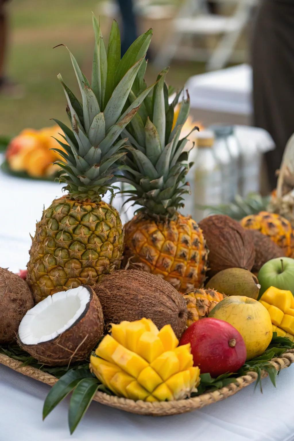 A radiant centerpiece comprised of tropical fruits for your celebratory feast.