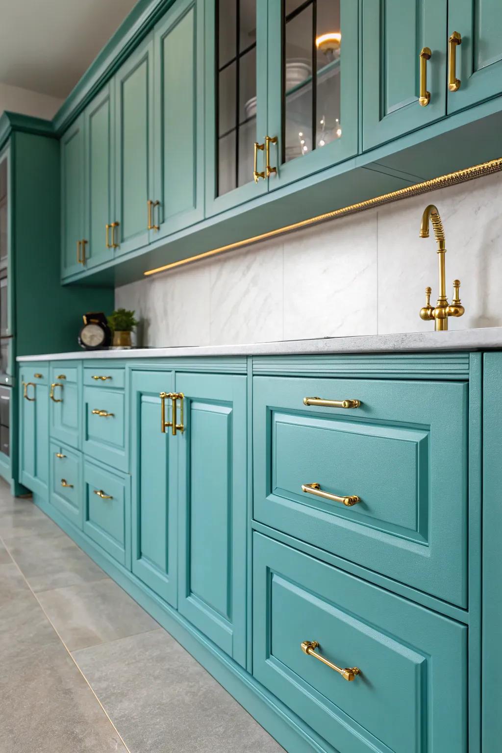 Exquisite brass details accentuating turquoise kitchen cabinets.