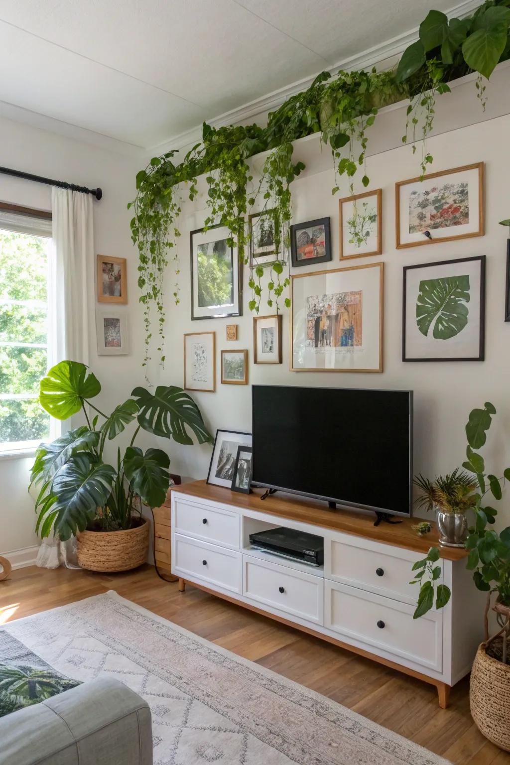 The incorporation of flora imparts vitality to this remarkable TV gallery wall.