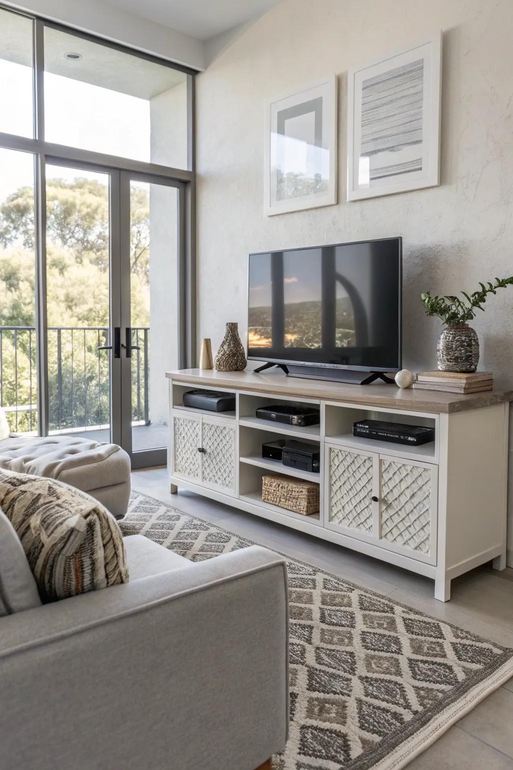 Integrated storage solutions ensure media accessories remain tidy and organized.