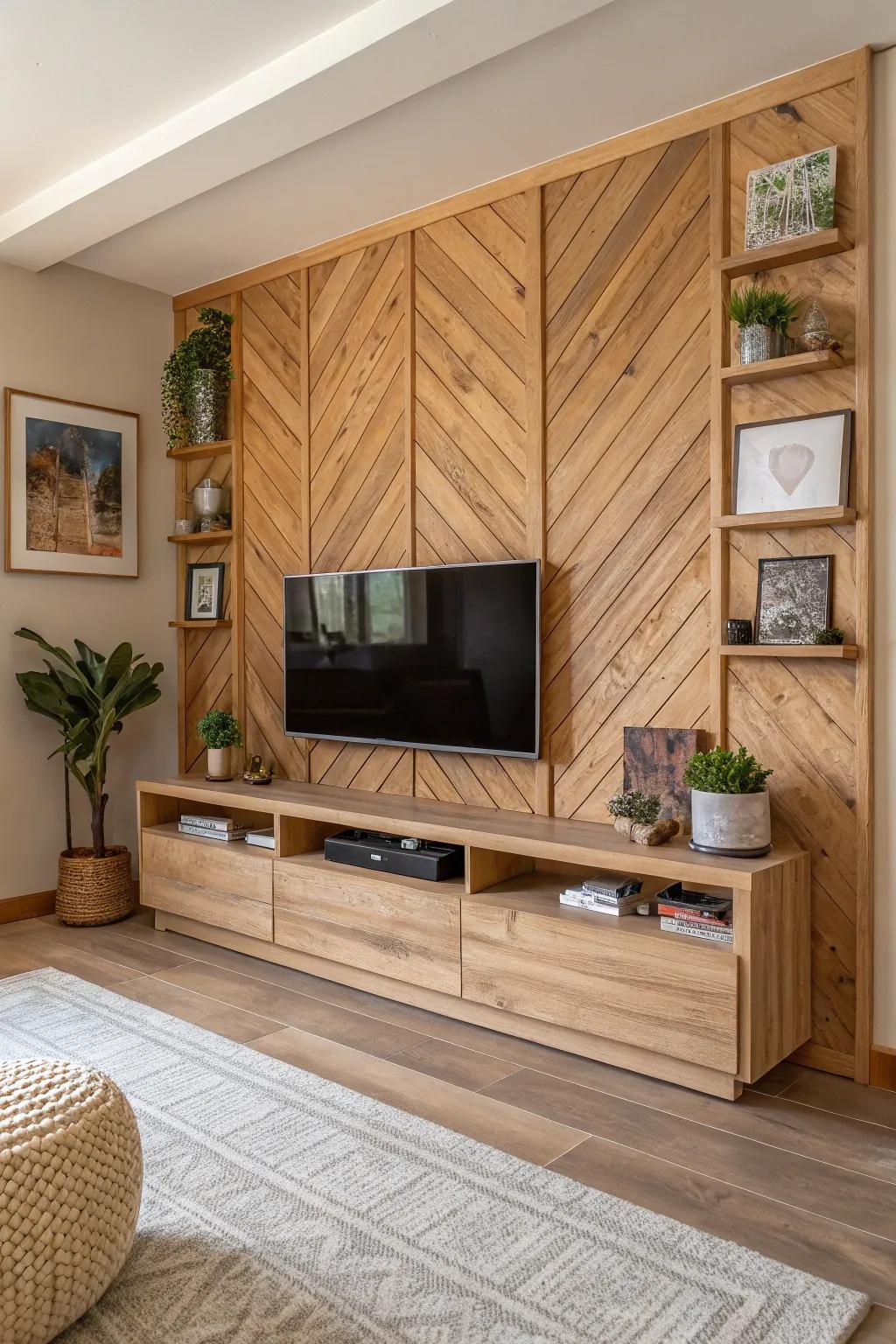 Wood accents infuse this TV wall design with a cozy ambiance.