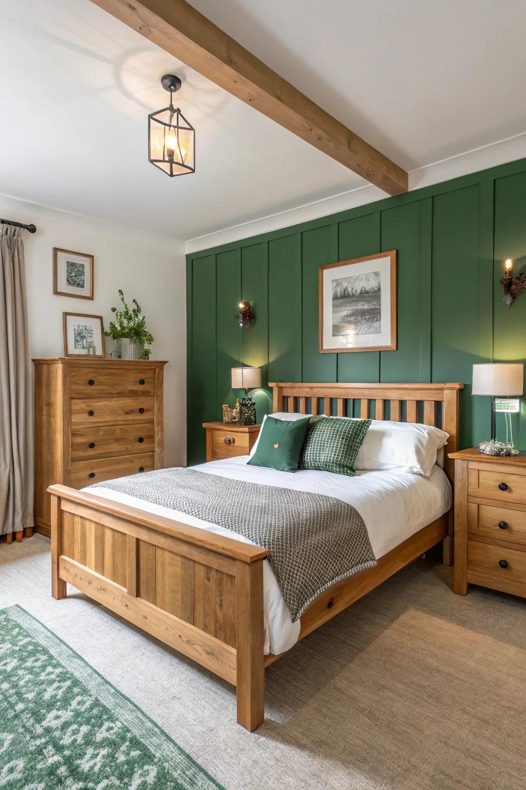 A peaceful bedroom featuring evergreen and white walls, inspired by nature.