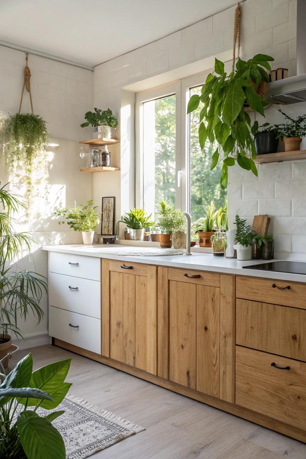 A warm timber and white kitchen that welcomes the outdoors.