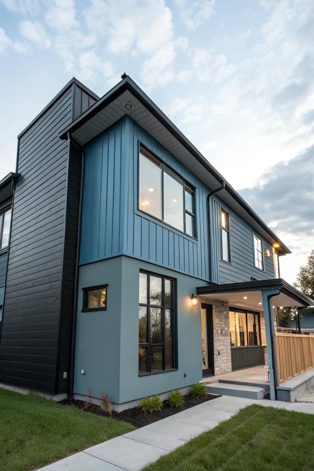 The modern look of charcoal and light blue siding.