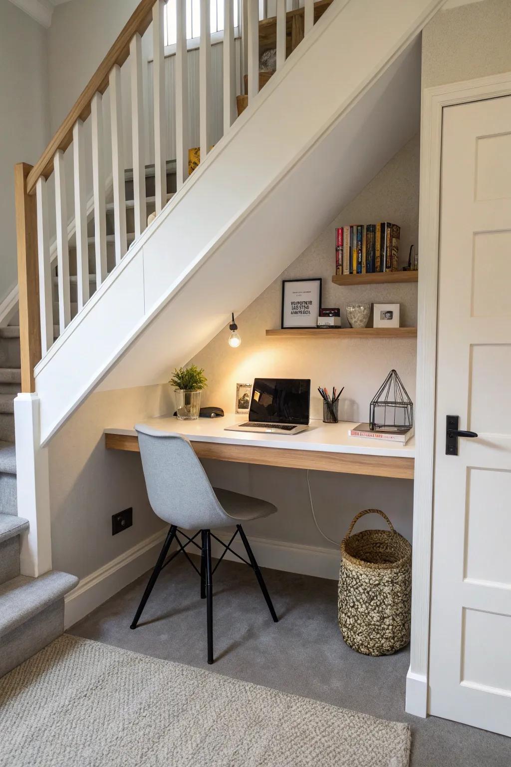 Carve out a secluded workspace beneath your staircase.