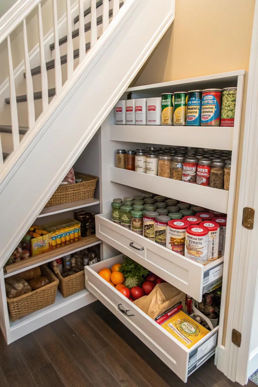A hidden food storage beneath the staircase to store all your kitchen must-haves.