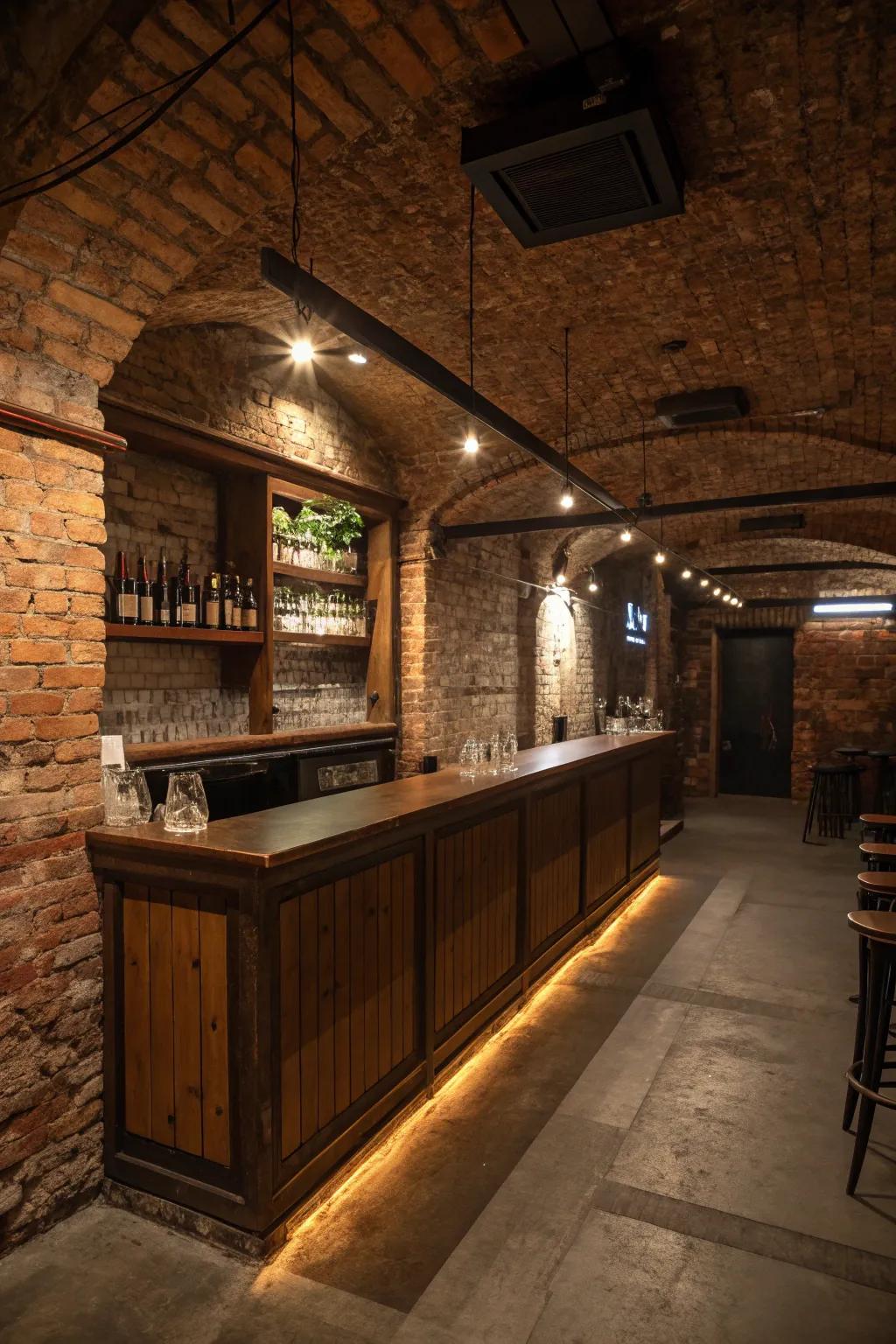 Brick features lend an old-world charm to the basement bar.